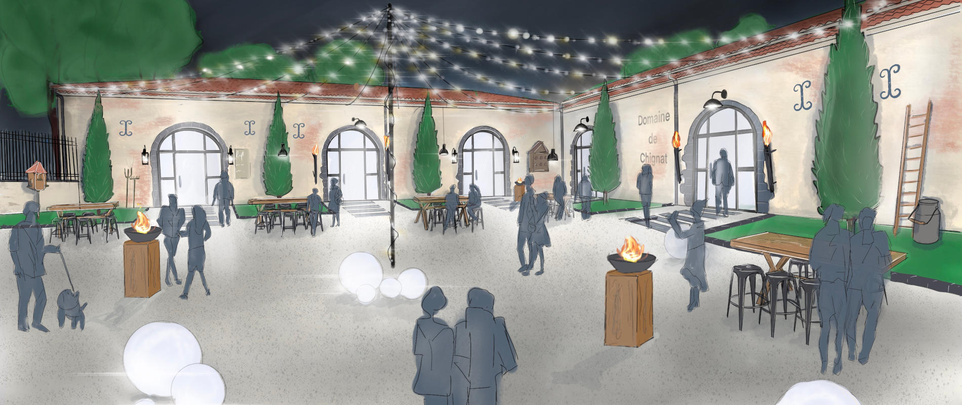 Croquis de la cour intérieure du château de Chignat après rénovation