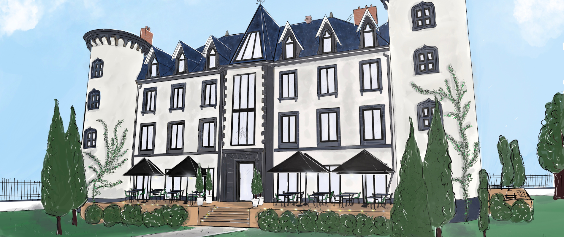 Croquis de la façade du château de Chignat, lieu de réception près de Clermont-Ferrand